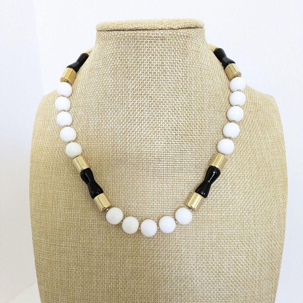 Vintage Napier Black, White and Gold Chunky 18" Necklace 80's Signed